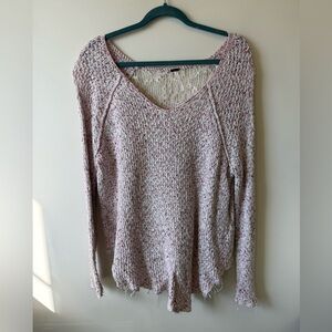 Free People V-Neck Oversized Cotton Sweater - Pink and White Knit and Lace